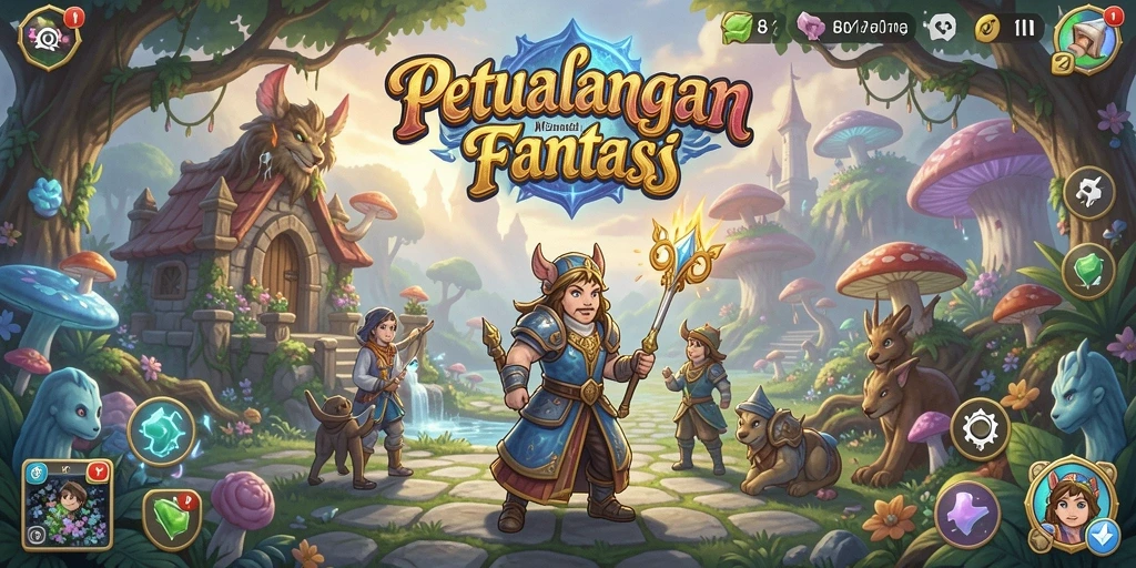 Screenshot utama 8QR menunjukkan karakter menjelajahi dunia fantasi yang menakjubkan.