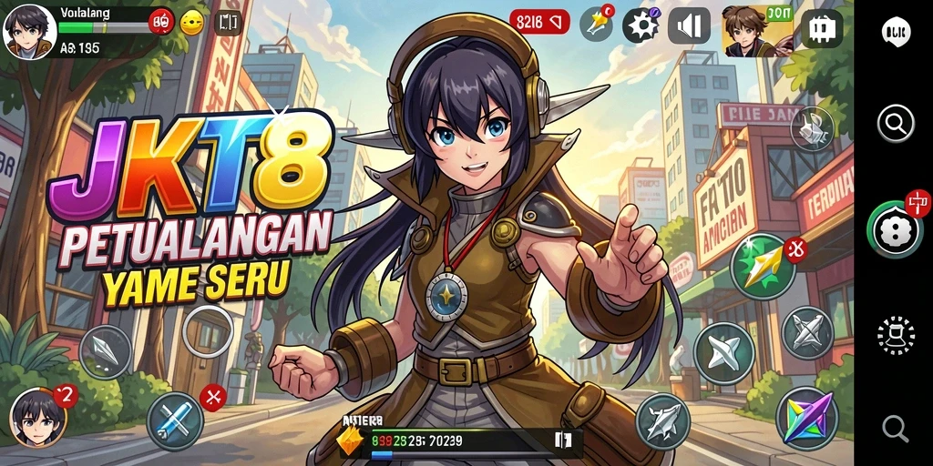 Screenshot gameplay JKT8 yang menunjukkan pertarungan karakter anime.