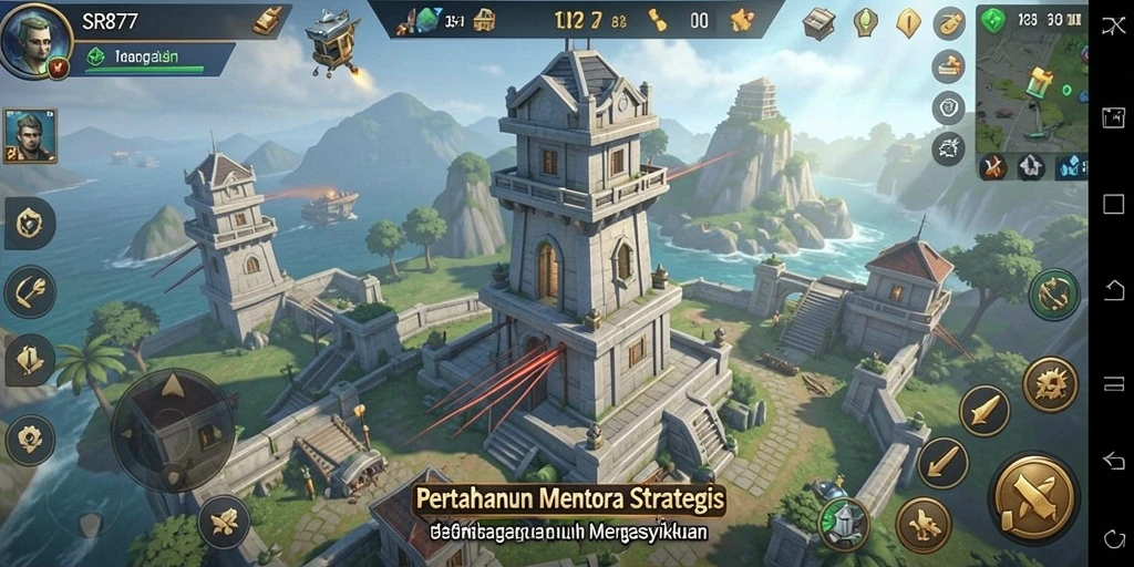 Tampilan menarik dari gameplay Tower Defense dalam SR877.